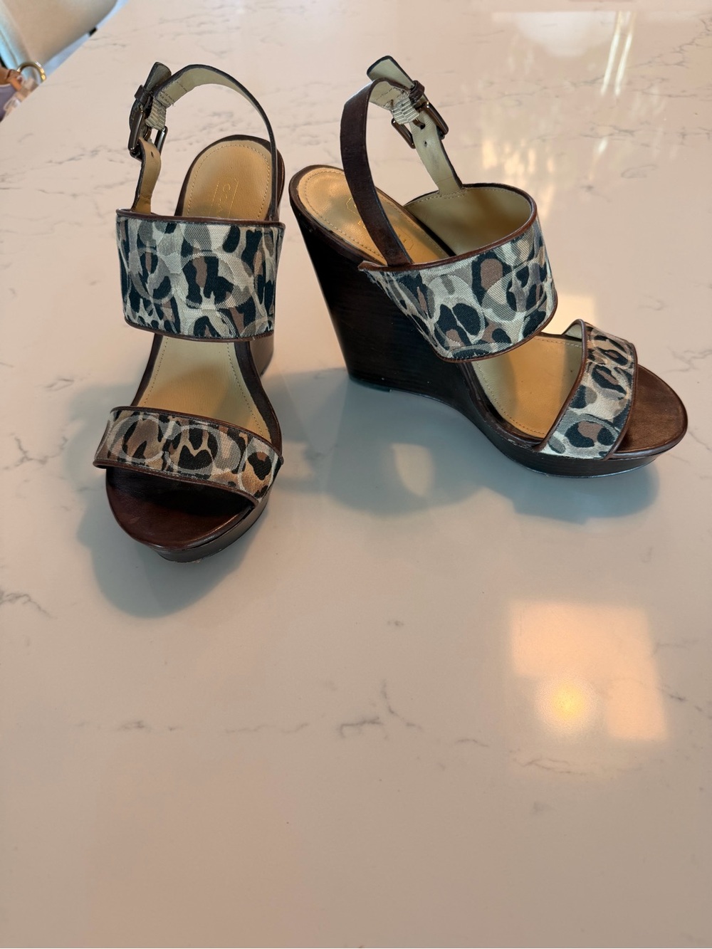 Coach Leopard Print Wedge Sandals - Brown & Cream